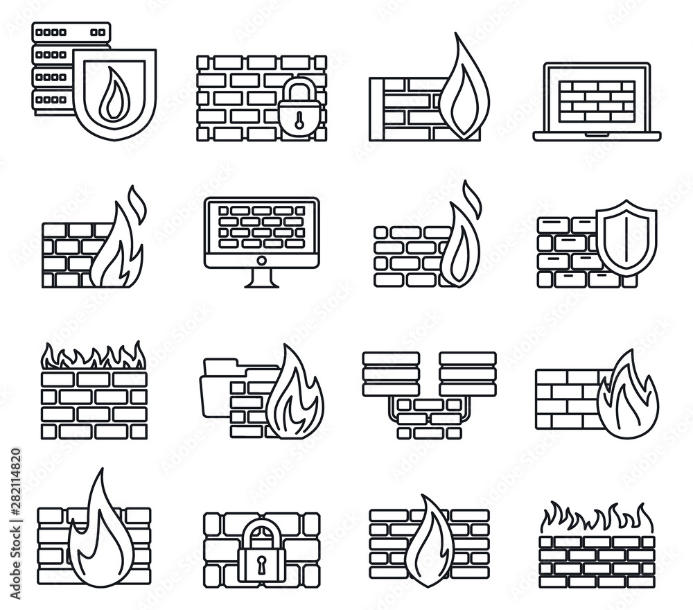 Poster firewall server icons set. outline set of firewall server vector icons for web design isolated on wh