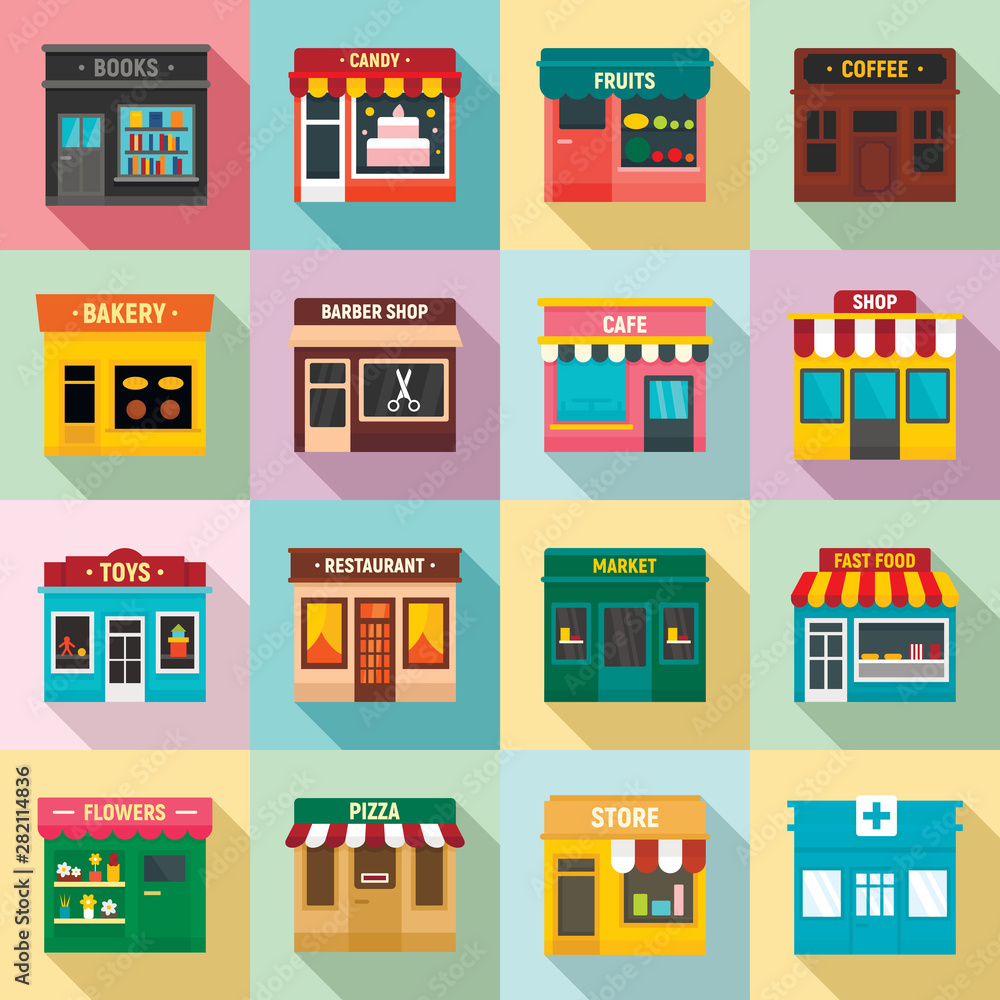 Poster local business icons set. flat set of local business vector icons for web design