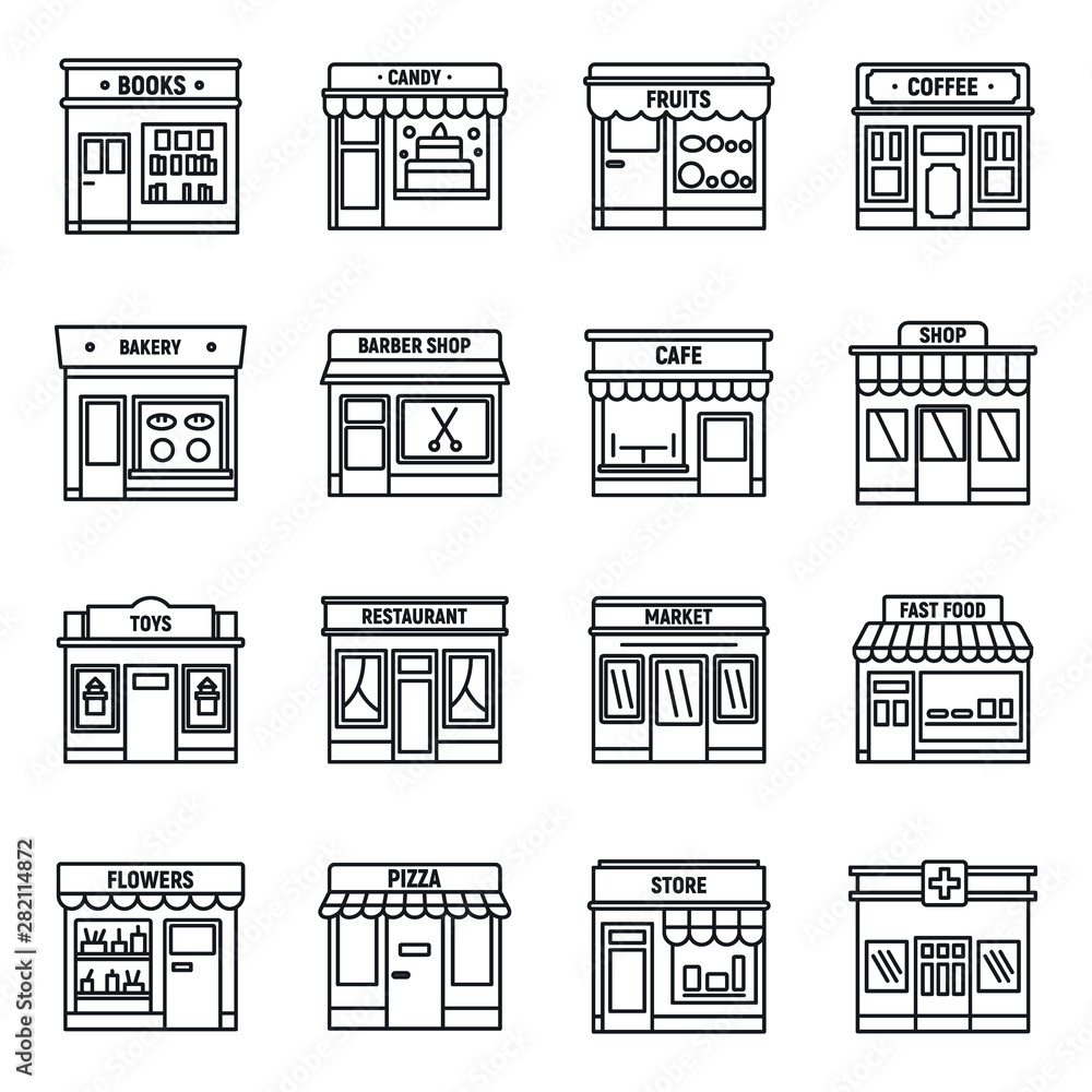 Poster local business store icons set. outline set of local business store vector icons for web design isol