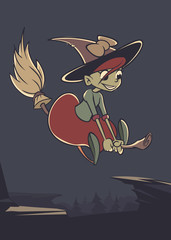 Halloween background with cute witch flying on her broom