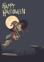 Fototapeta premium Halloween background with cute witch flying on her broom