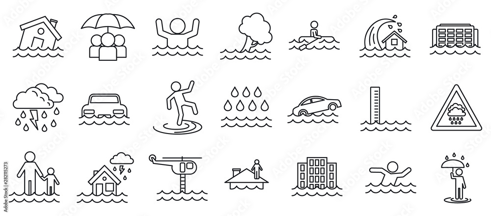 Poster flood cataclysm icons set. outline set of flood cataclysm vector icons for web design isolated on wh