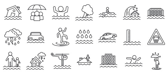 Flood cataclysm icons set. Outline set of flood cataclysm vector icons for web design isolated on white background - obrazy, fototapety, plakaty