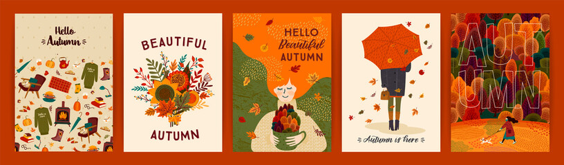 Set of cute autumn illustrations. Vector templates for card, poster, flyer, cover and other use. - obrazy, fototapety, plakaty