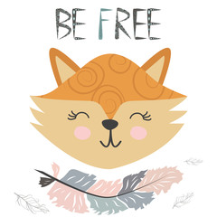 Cute little fox smiling face with graceful feather in the Scandinavian style. Inscription quote Be Free. Graphic design.