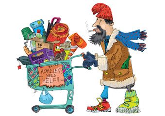 A poor homeless guy with old supermarket cart full of trash and all kind of stuff. Caricature. Cartoon