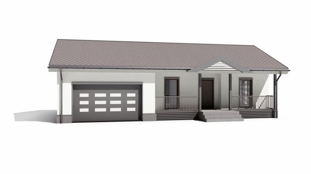 Modern wood frame house with white plaster finishing on white background. 60 fps animation.