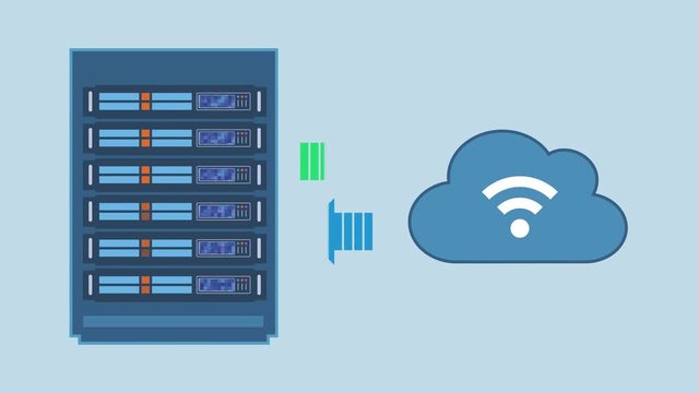 server rack sending and receiving data from the cloud, concept of cloud computing, cartoon style animation, seamless loop