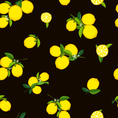 clusters of yellow lemons on dark background, seamless background vector illustration