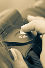 Girl with a finger clicks on the descent of the camera