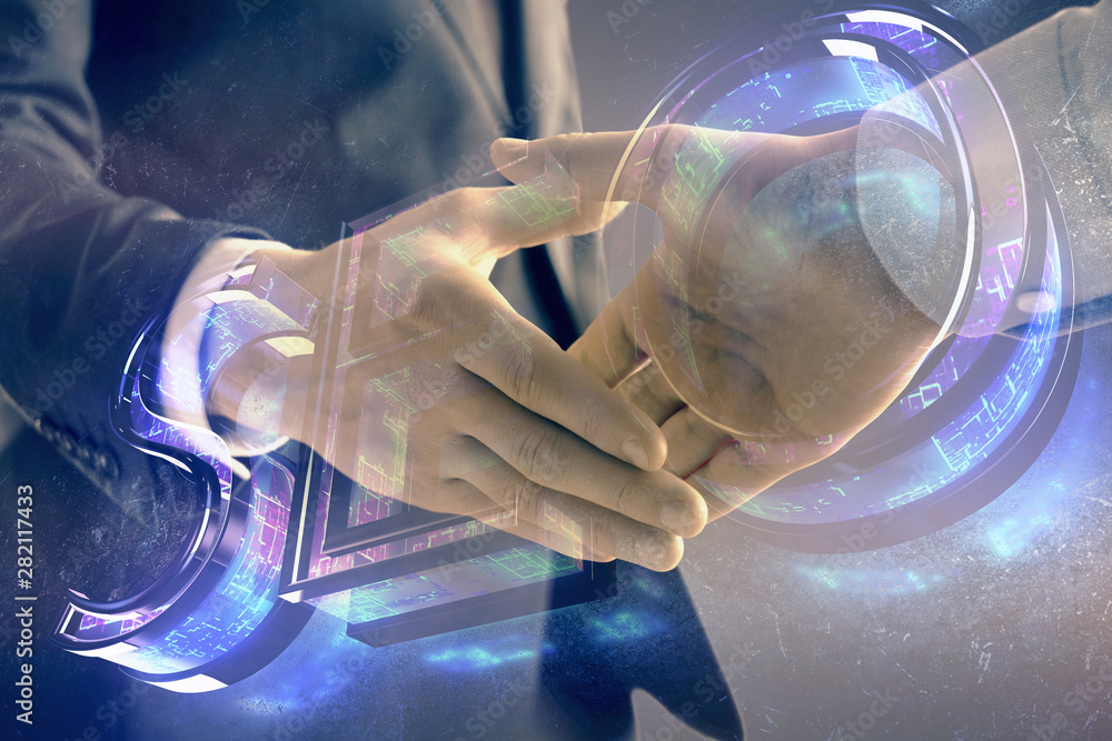 Aufkleber multi exposure of seo icon drawing on abstract background with two men handshake. concept of informa