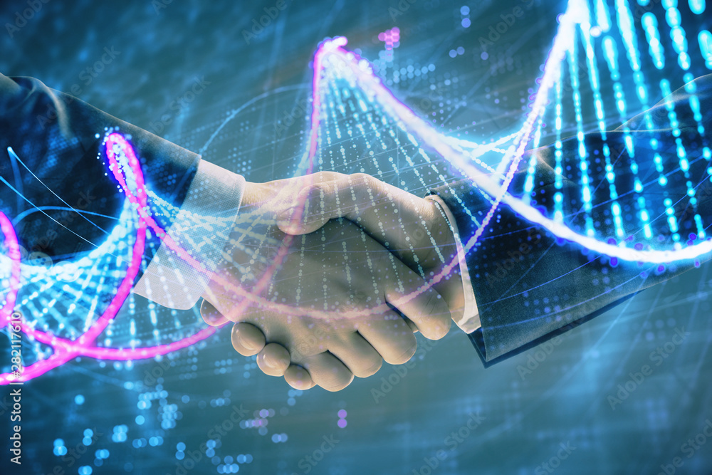 Poster multi exposure of dna hologram on abstract background with two men handshake. concept of bioengineer