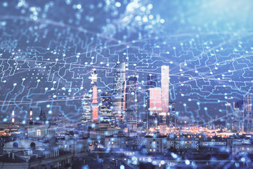 Double exposure of abstract technology drawing on cityscape background. Concept of tech innovation