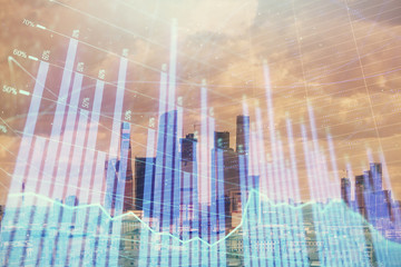 Double exposure of financial graph on downtown veiw background. Concept of stock market research and analysis