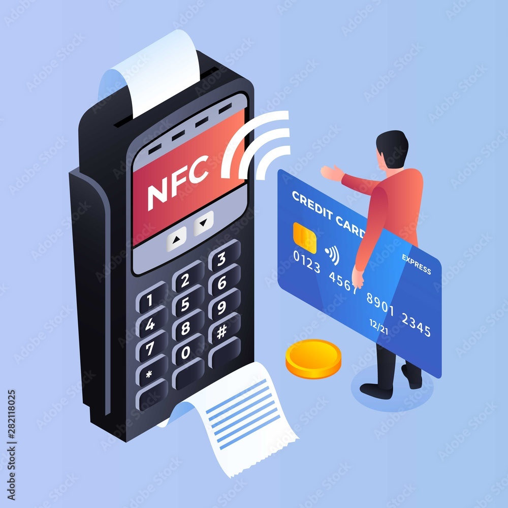 Poster nfc payment bank terminal concept background. isometric illustration of nfc payment bank terminal ve