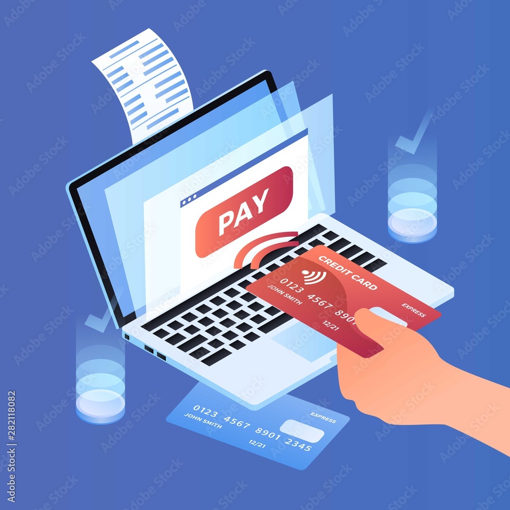 Poster online web payment concept background. isometric illustration of online web payment vector concept b