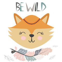 Cute little fox smiling face with graceful feather in the Scandinavian style. Lettering quote Be wild. Graphic design.