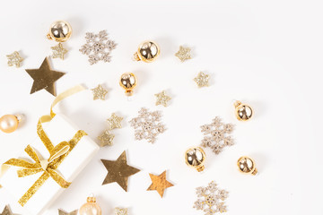 Christmas flat lay scene with golden decorations
