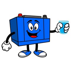 Car Battery with a Glass of Water - A cartoon illustration of a Car Battery Mascot.