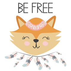 Cute sweet little fox smiling face with feathers. Inscription quote Be Free. Graphic design.