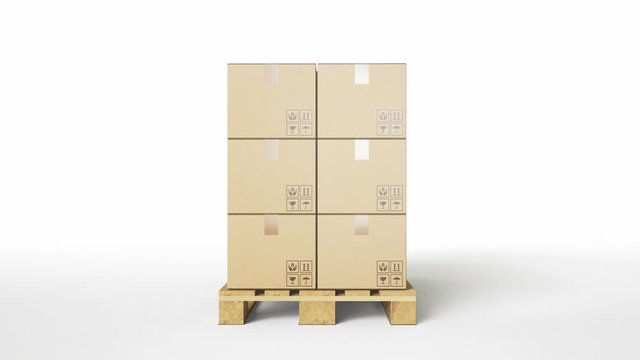 Wooden pallet with brown cardboard boxes on white background. Camera dolly slides. 60 fps animation.