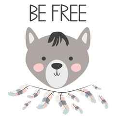 Cute sweet little wolf smiling face with feathers. Inscription quote Be Free. Graphic design.