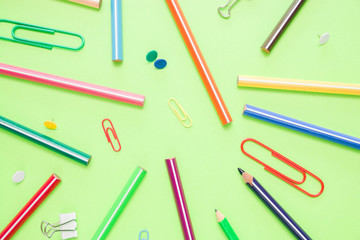 School equipment. Variety of school supplies. Flat lay