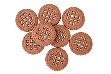 Brown chocolate milky cream filled cookies isolated. Top view