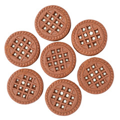 Brown chocolate milky cream filled cookies isolated. Top view