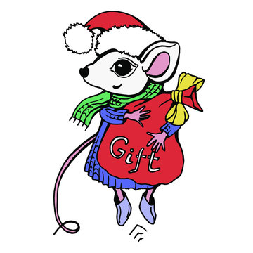 The symbol Chinese new year 2020 - the white cute little mouse in winter clothes holds a holiday bag with gifts. Cartoon vector illustration on a white background.