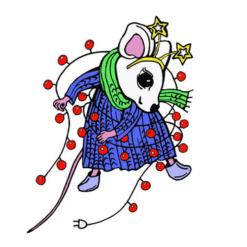 The symbol Chinese new year 2020 - the white cute little mouse in winter clothes and a festive garland. Cartoon vector illustration on a white background.
