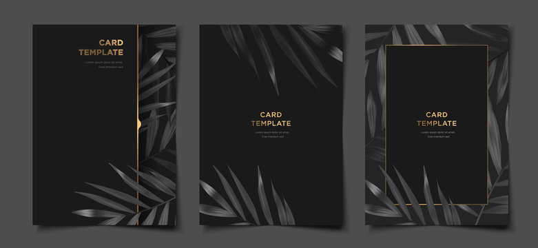 Set of elegant black and gold tropical foliage cover, flyer, banner layout template