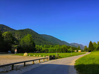 Kranjska Gora, Slovenia - June 07, 2019: Road between mountains near Kransjka gora.