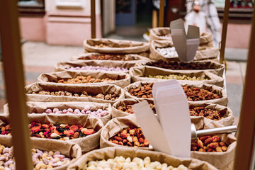 Nuts and dried fruits at the market.