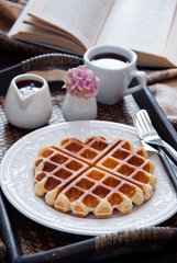 Belgian Waffles and coffee for breakfast in bed
