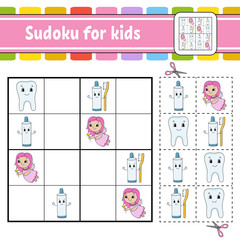 Obraz premium Sudoku for kids. Education developing worksheet. Activity page with pictures. Puzzle game for children. Logical thinking training. Isolated vector illustration. Funny character. Cartoon style.