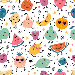 Colorful Vector Seamless Pattern with Cartoon Doodle Funny Cute Fruits and Berries. Summer Kawaii Fruit Food Childish Background