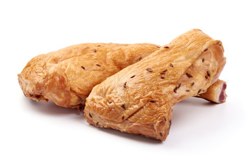 Smoked Chicken Legs with caraway seeds, isolated on white background