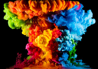 Colorful paint drops from above mixing in water. Ink swirling underwater