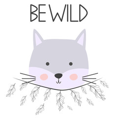 Cute sweet little cat boy smiling face art. Lettering quote Be Wild. Kids nursery scandinavian hand drawn illustration. Graphic design.