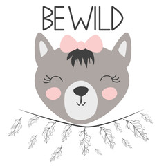 Cute sweet little wolf smiling face art. Lettering quote Be wild. Kids nursery scandinavian hand drawn illustration. Graphic design.