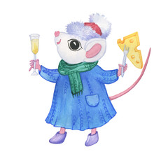 The symbol Chinese new year 2020 - the white cute little mouse in winter clothes holds a cheese and glass of wine. Cartoon watercolor hand drawn painting illustration, isolated on a white background.