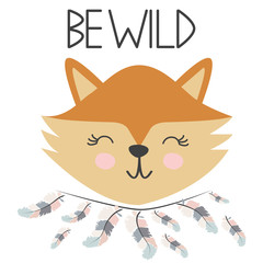 Cute sweet little fox smiling face art. Lettering quote Be wild. Kids nursery scandinavian hand drawn illustration. Graphic design.
