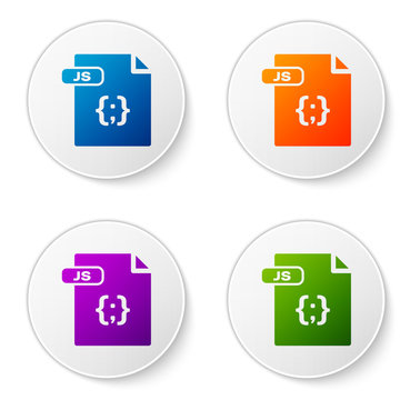 Color JS file document. Download js button icon isolated on white background. JS file symbol. Set icons in circle buttons. Vector Illustration