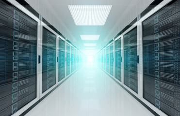 White servers data center room with bright halo light through the corridor 3D rendering