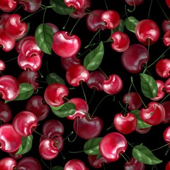 Seamless pattern berry cherry and leaves. Black decorative background