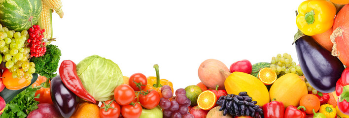 Frame of vegetables and fruits on white background. Free space for text. Panoramic collage.