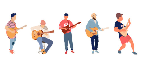 Young group of men playing guitar. Isolated flat illustration - Vector - obrazy, fototapety, plakaty