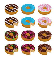 Collection of different donuts, with chocolate, crisps, cream, fondant. Isometric style.