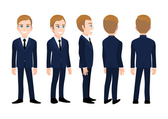 Fototapeta na wymiar Cartoon character with business man. Front, side, back, 3-4 view animated character. Flat vector illustration.